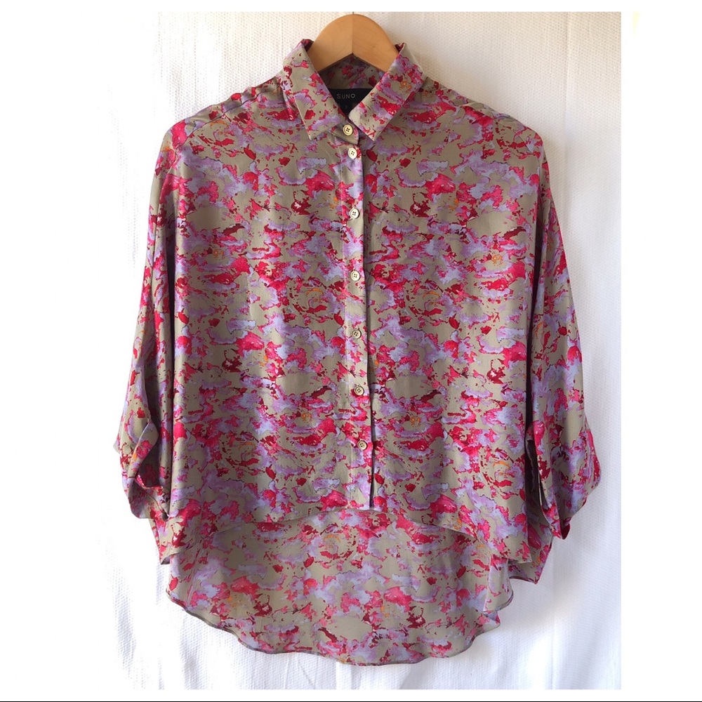 SUNO hot pink grey purple button down blouse Sz 2